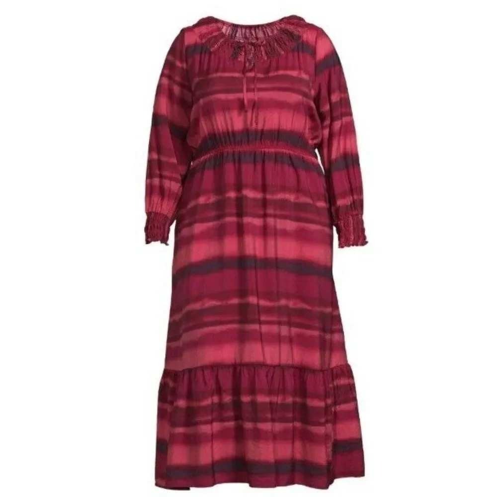TERRA & SKY Peasant Tiered Long Sleeve Maxi Dress Plus 14W Rose Washy Stripe NWT
